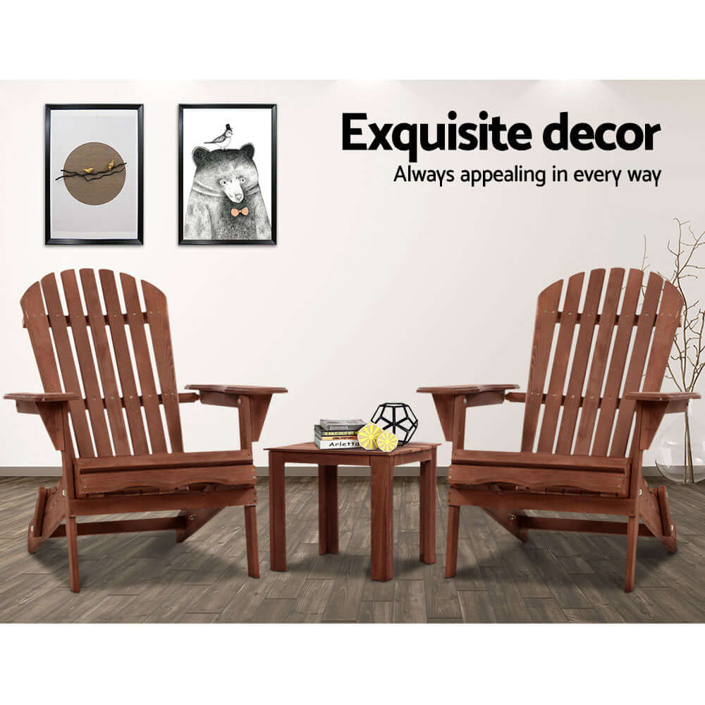 Gardeon 3PC Adirondack chair and table set in brown, perfect for outdoor relaxation and exquisite decor.