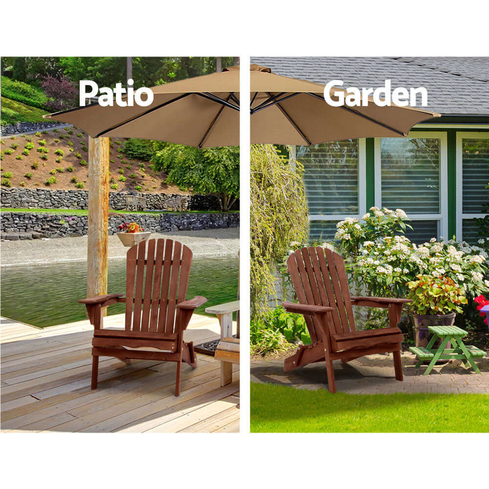 Gardeon Adirondack chairs showcased in a patio and garden setting, ideal for outdoor relaxation and enjoyment.