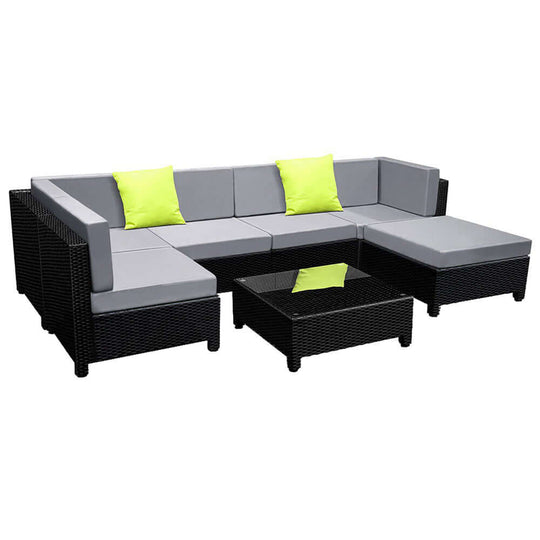 Gardeon 7-piece outdoor sofa set with grey cushions and neon accents, perfect for affordable backyard makeovers.