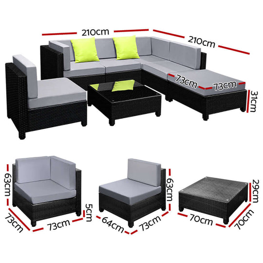 Gardeon 7-piece outdoor sofa set with dimensions, featuring quality wicker and plush cushions, perfect for affordable backyard makeovers.