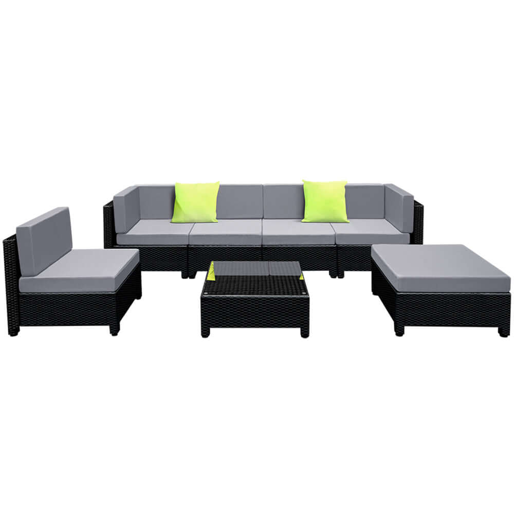 Gardeon 7-piece outdoor sofa set with plush cushions, stylish black wicker, and durable design for affordable backyard luxury.