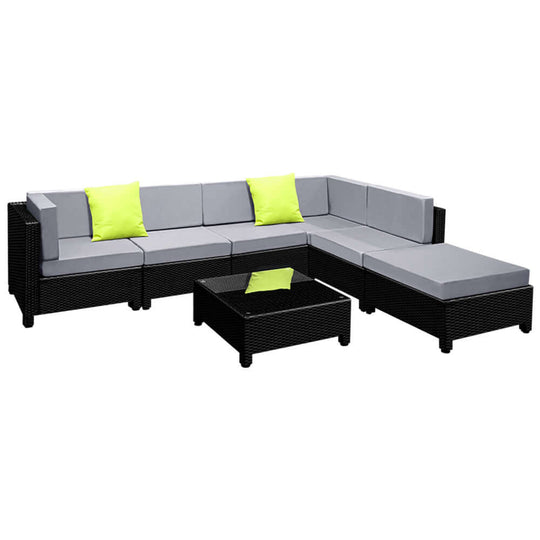 Gardeon 7-piece outdoor sofa set with grey cushions and bold green accents, affordable quality furniture for your backyard.