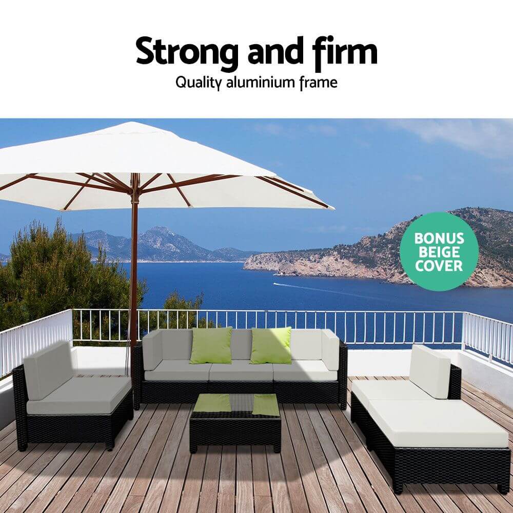 Gardeon 7-piece outdoor sofa set with quality aluminium frame and plush cushions, ideal for affordable backyard makeovers.