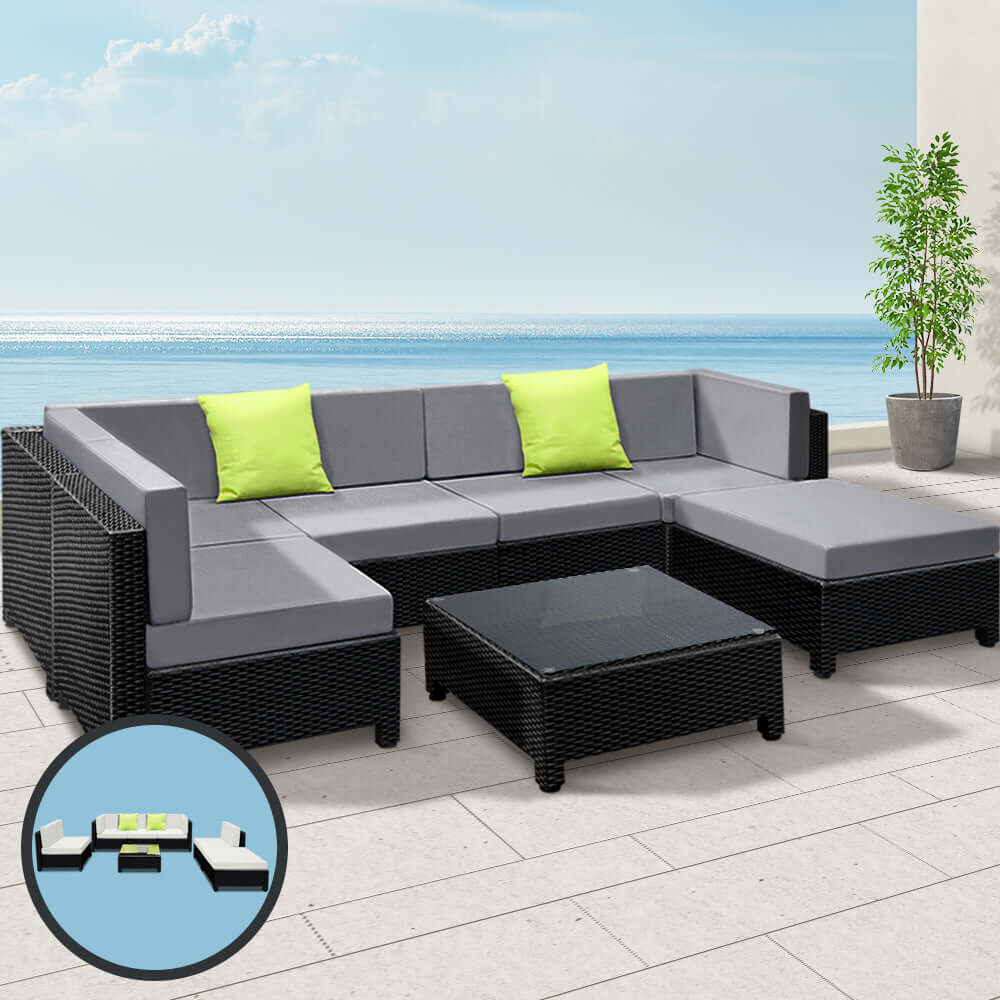 Gardeon 7-Piece Affordable Outdoor Sofa Set with Grey Cushions and Glass Table, Perfect for Luxurious Backyard Lounge.