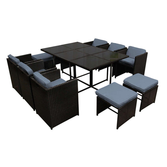 Gardeon 11 Piece Outdoor Dining Set, black wicker table and chairs, affordable luxury for backyard gatherings.