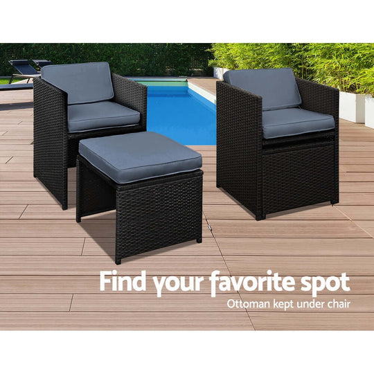 Gardeon outdoor wicker chairs and ottoman by poolside, designed for quality relaxation and affordable luxury.