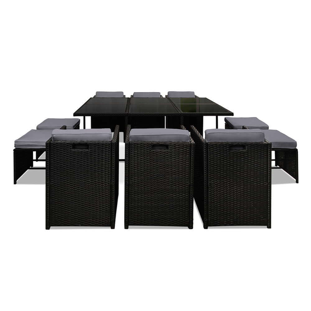 Gardeon 11 Piece Outdoor Dining Set in Black with Wicker Chairs and Tempered Glass Table, Affordable and Luxurious.