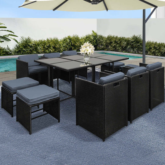 Gardeon 11-piece outdoor dining set featuring black wicker chairs and table, stylish, affordable, and quality outdoor furniture.