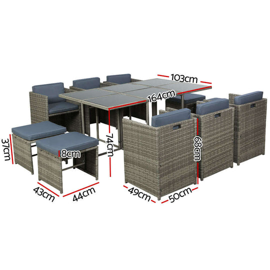 Gardeon outdoor dining set dimensions with 11 wicker pieces, including table, chairs, and ottomans in grey design.