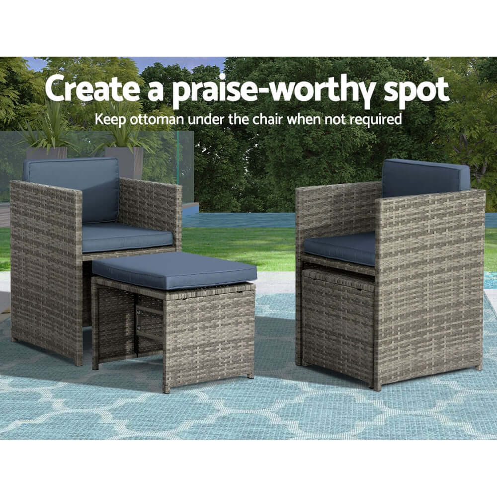 Gardeon wicker chair and ottoman set, creating an elegant outdoor space with affordable comfort and chic design.