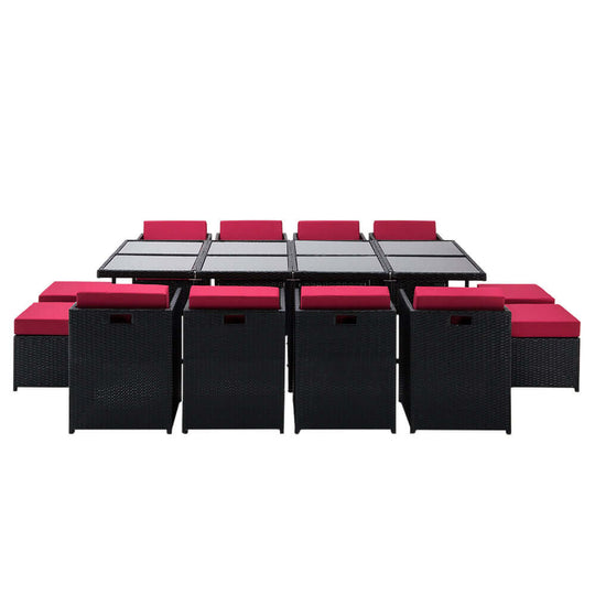 Gardeon 13-piece outdoor dining set in black wicker with red cushions, ideal for affordable and stylish outdoor dining.