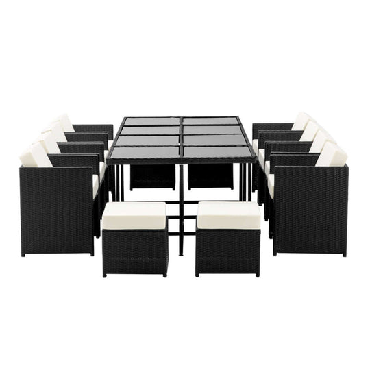 Affordable Gardeon 13-piece outdoor dining set featuring black wicker table and chairs with cream cushions.