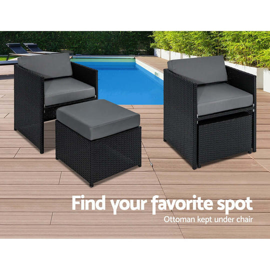 Gardeon outdoor wicker chair set with cushions and ottoman on a patio by a pool, perfect for affordable luxury.