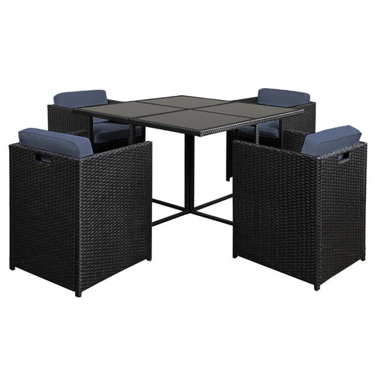 Gardeon outdoor dining set 5 piece wicker table and chairs in black, featuring UV resistant materials and sleek design.