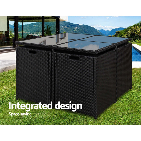 Gardeon outdoor dining set with integrated design, space-saving features, and tempered glass top, perfect for stylish backyards.