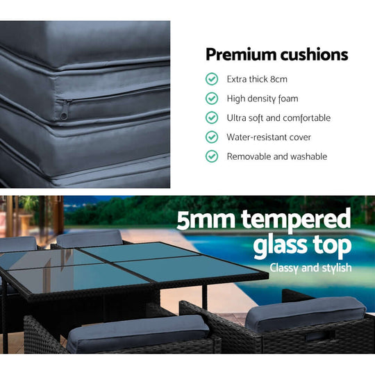 Close-up of Gardeon outdoor dining set features, showcasing premium cushions and tempered glass top, combining style and comfort.