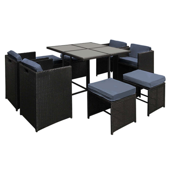 Gardeon 9-piece outdoor dining set with black wicker table and blue cushions, ideal for affordable and stylish backyard makeover.