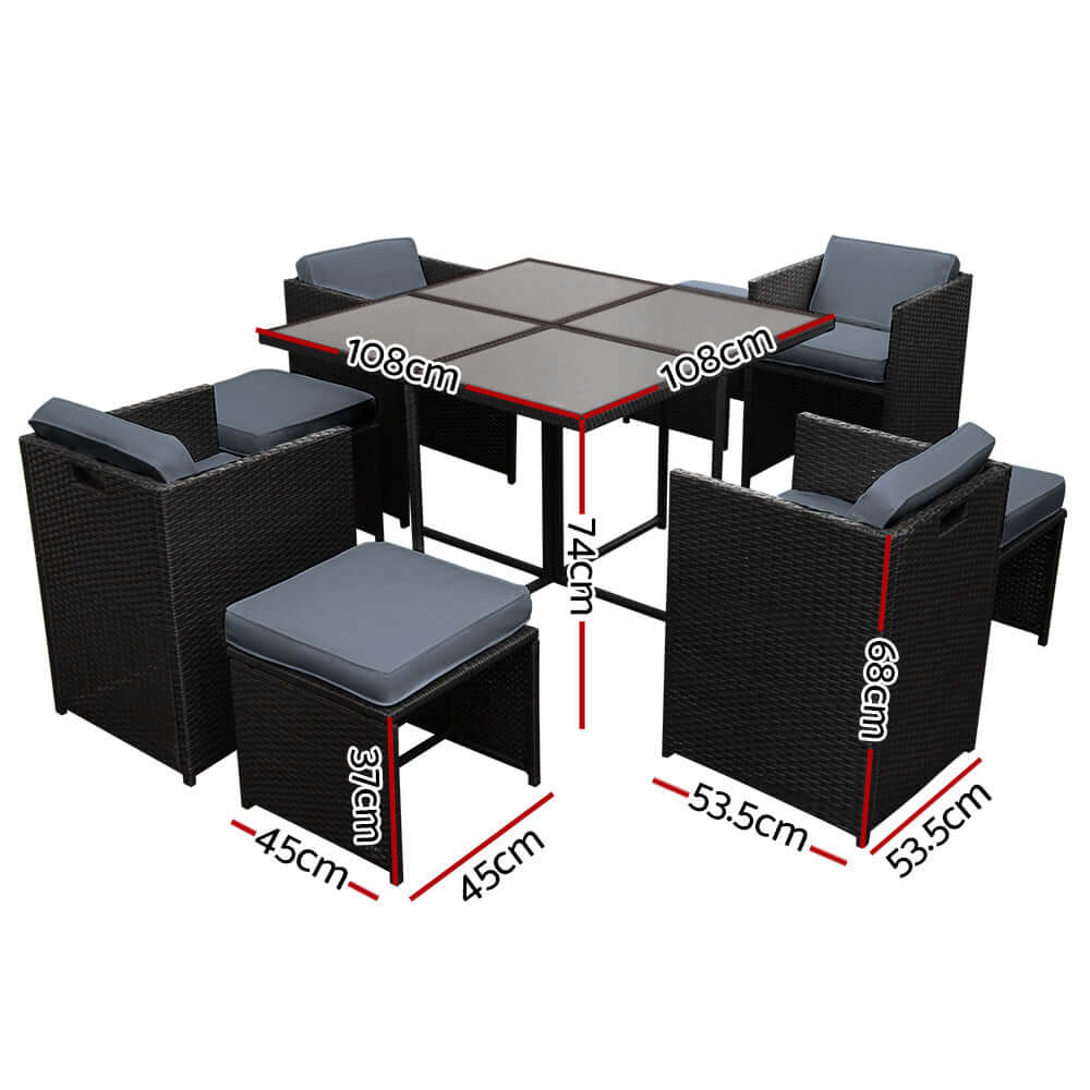 Gardeon 9 Piece Outdoor Dining Set dimensions including table and chair sizes, featuring black wicker and cushioned seats.