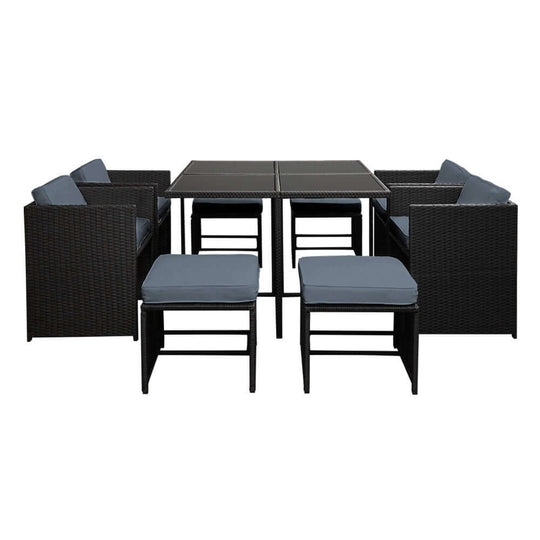 Affordable 9-piece Gardeon outdoor dining set with black wicker, grey cushions, and tempered glass table.