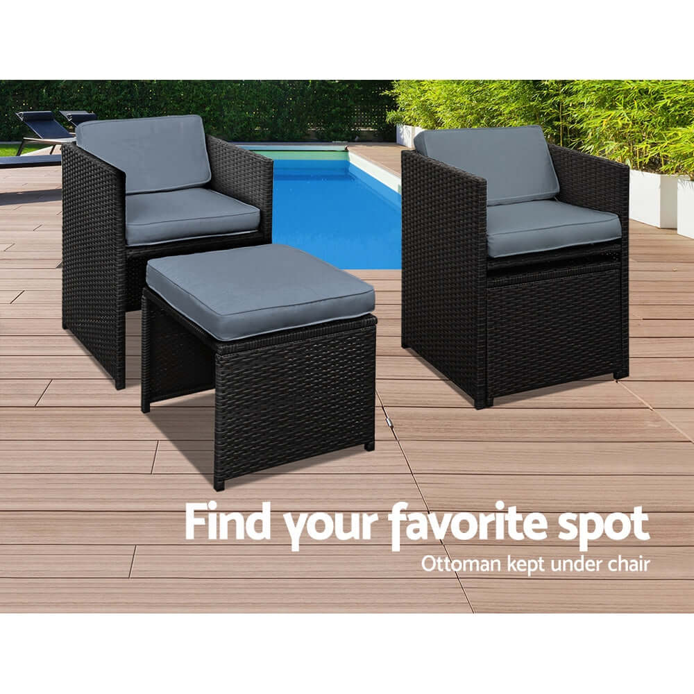 Gardeon outdoor wicker chairs and ottoman set on deck by pool, stylish, affordable, quality furniture for relaxation.