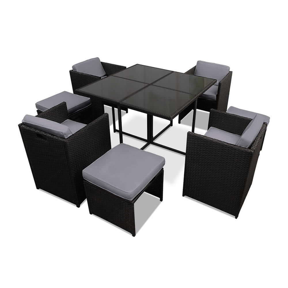 Gardeon 9 Piece Outdoor Dining Set with Black Wicker Chairs and Glass Table, Affordable Luxury for Your Backyard.