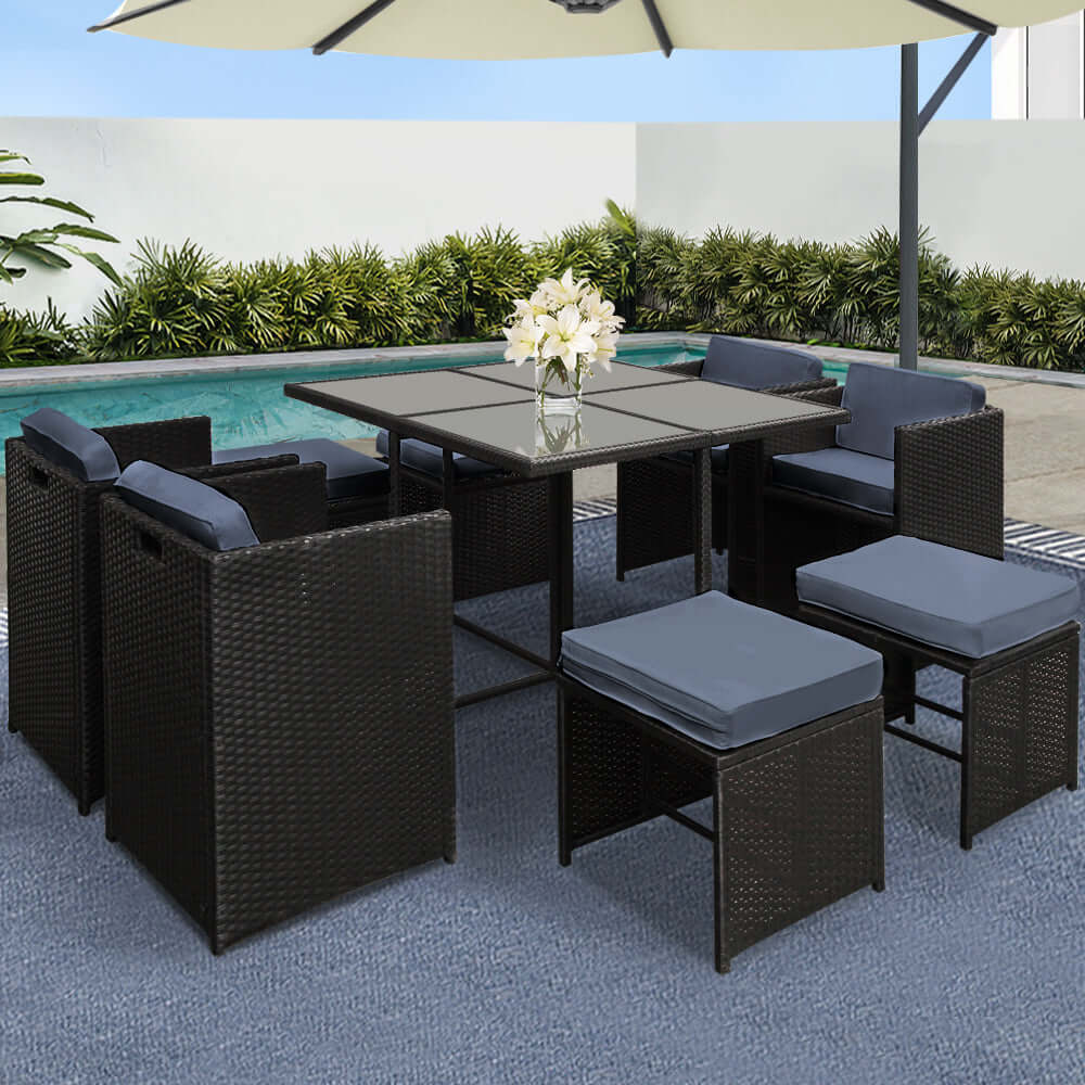 Gardeon 9 Piece Outdoor Dining Set with Black Wicker Table and Chairs, UV-resistant, affordable luxury for your backyard.