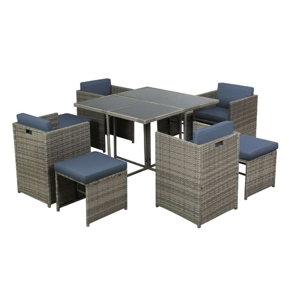 Gardeon 9-piece outdoor dining set with grey wicker table, seating for eight, perfect for stylish outdoor spaces.