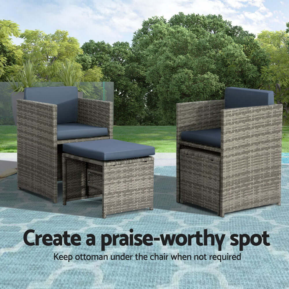 Gardeon affordable 9-piece wicker outdoor dining set with chairs and ottoman in grey, perfect for chic outdoor spaces.