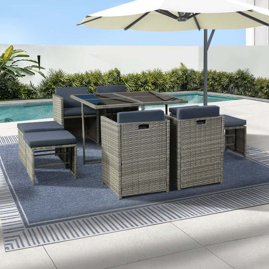 Gardeon 9-piece outdoor dining set with wicker chairs and table, stylish grey design, perfect for affordable luxury dining.