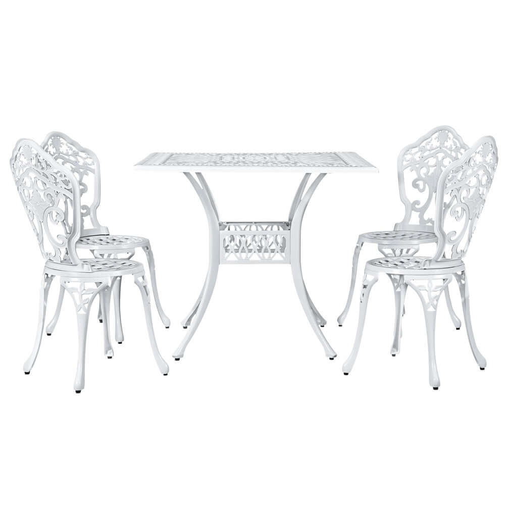 Gardeon 5-piece outdoor dining set featuring white cast aluminum table and chairs, perfect for stylish garden gatherings.