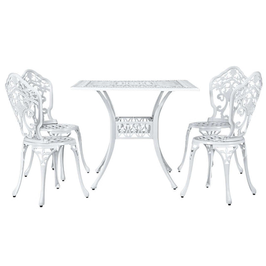 Gardeon 5-piece outdoor dining set featuring white cast aluminum table and chairs, perfect for stylish garden gatherings.