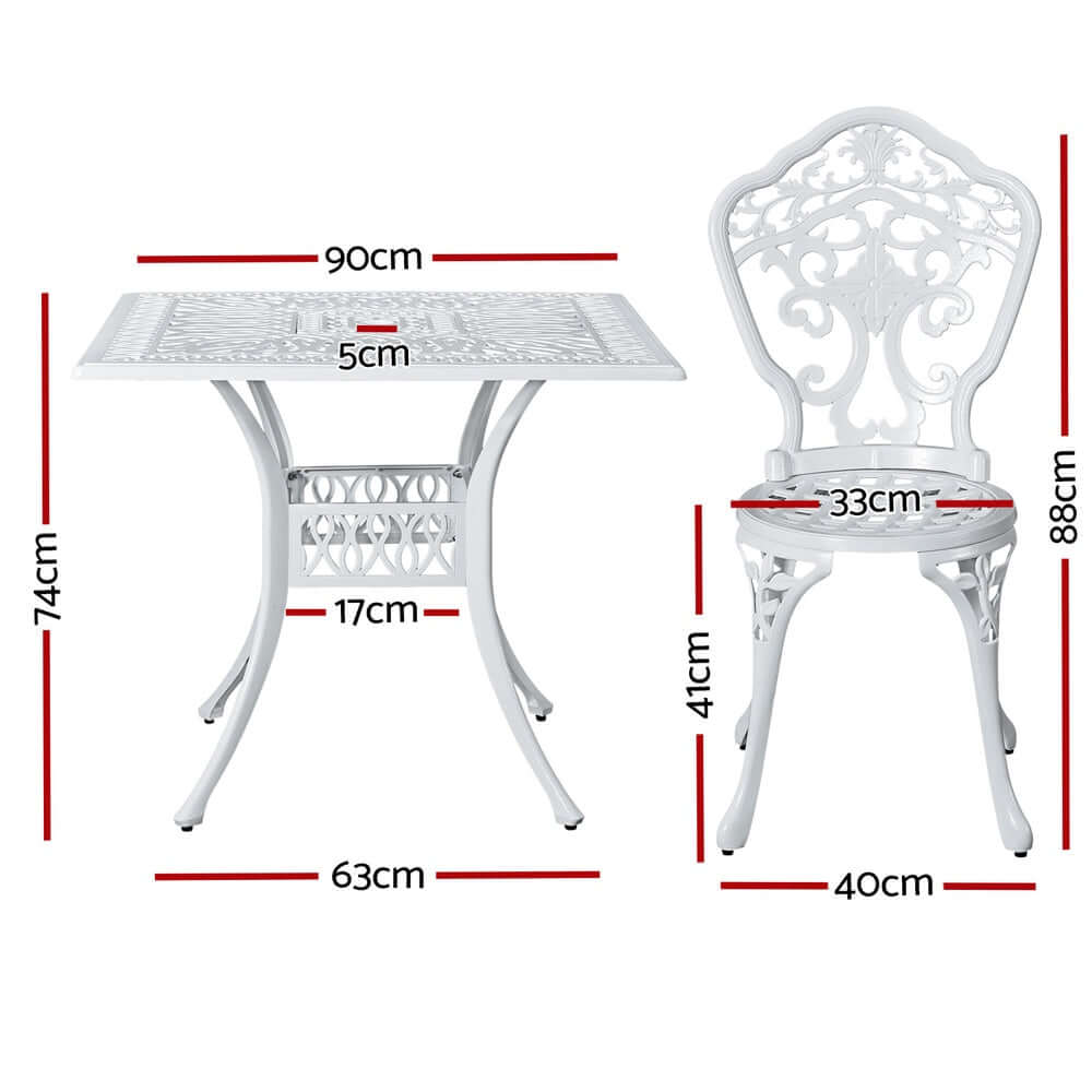 Gardeon 5-piece outdoor dining set with white cast aluminum table and chairs, featuring stylish vintage design and dimensions.