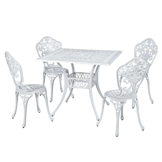 Gardeon 5-piece outdoor dining set with cast aluminum chairs and table in white, perfect for stylish garden settings.