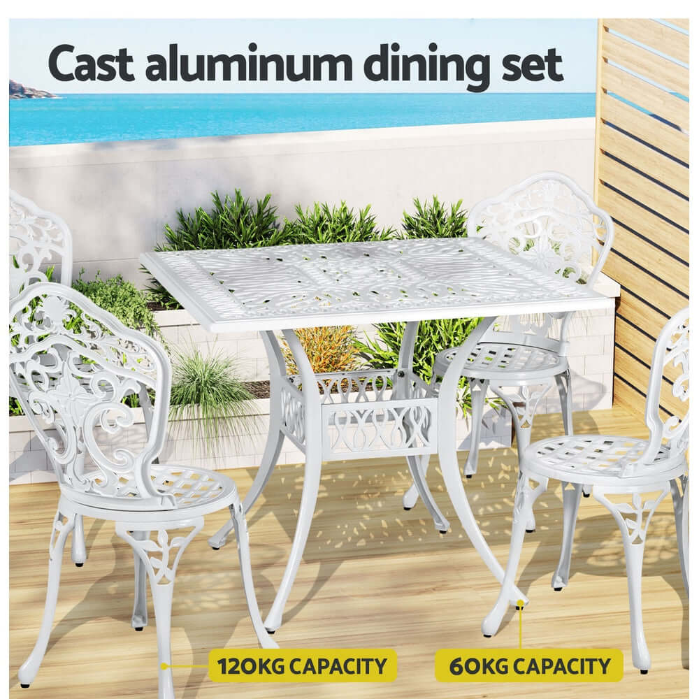 Gardeon cast aluminum outdoor dining set with a table and four chairs, featuring a 120kg table and 60kg per chair capacity.