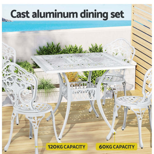 Gardeon cast aluminum outdoor dining set with a table and four chairs, featuring a 120kg table and 60kg per chair capacity.