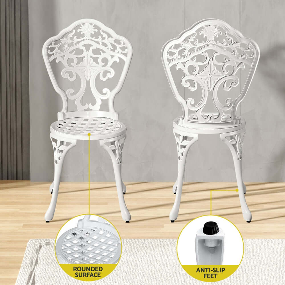 Gardeon outdoor dining chairs in white, featuring a vintage design with rounded surfaces and anti-slip feet for stability.