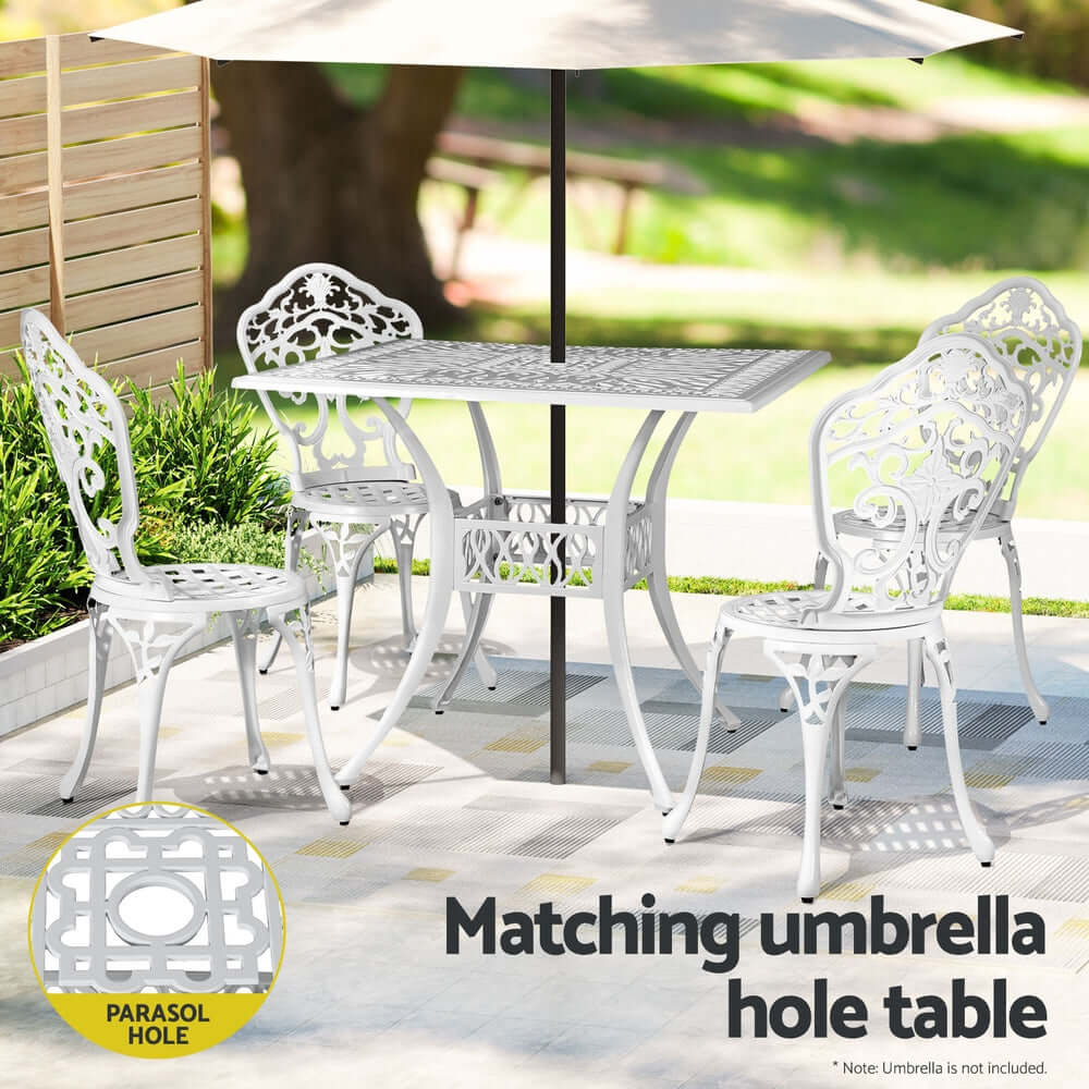 Gardeon 5-piece outdoor dining set with cast aluminum chairs and table, featuring a parasol hole, suitable for gardens and patios.