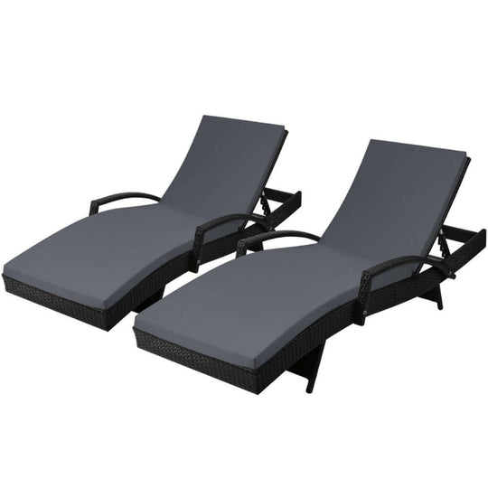 Gardeon 2PC Sun Lounge Wicker Lounger set, affordable beach chairs patio adjustable cushions in black for outdoor relaxation.