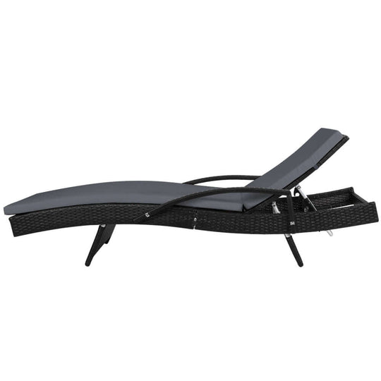 Gardeon 2PC black wicker sun lounge with adjustable cushion, perfect for outdoor relaxation and affordable luxury.