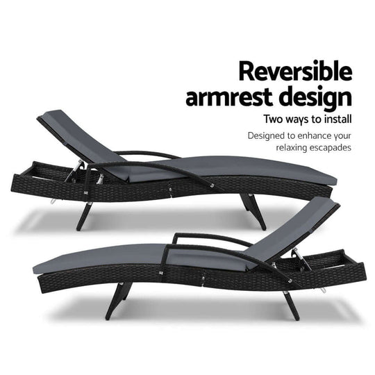 Reversible armrest design sun loungers featuring adjustable angles for enhanced outdoor relaxation.