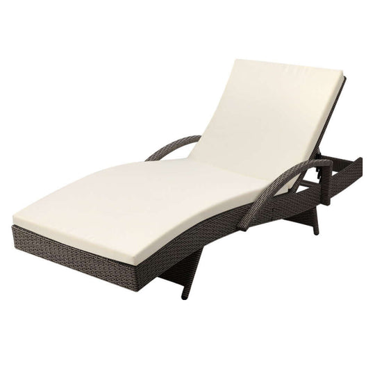 Gardeon outdoor wicker sun lounge with adjustable beige cushion, perfect for affordable relaxation on the patio or beach.