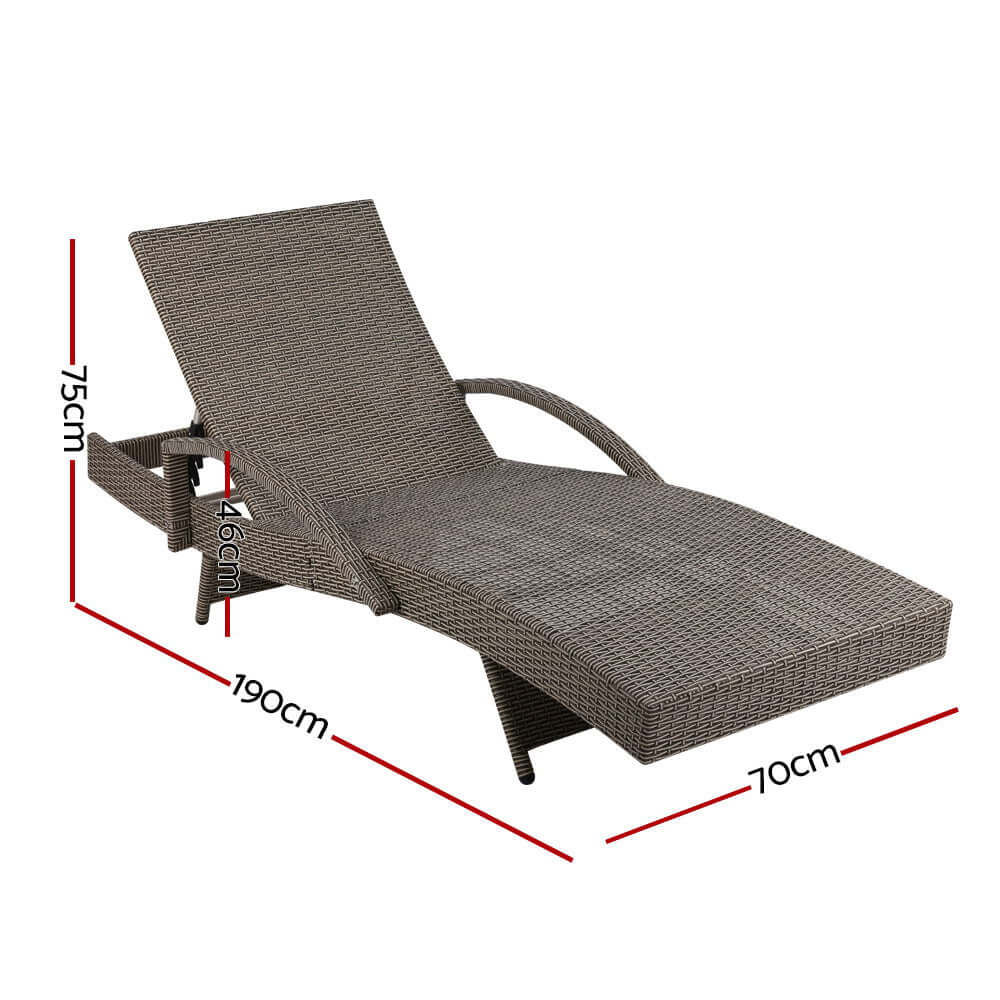 Gardeon sun lounge wicker lounger outdoor furniture, adjustable cushion in grey and beige, ideal for beach and patio relaxation.