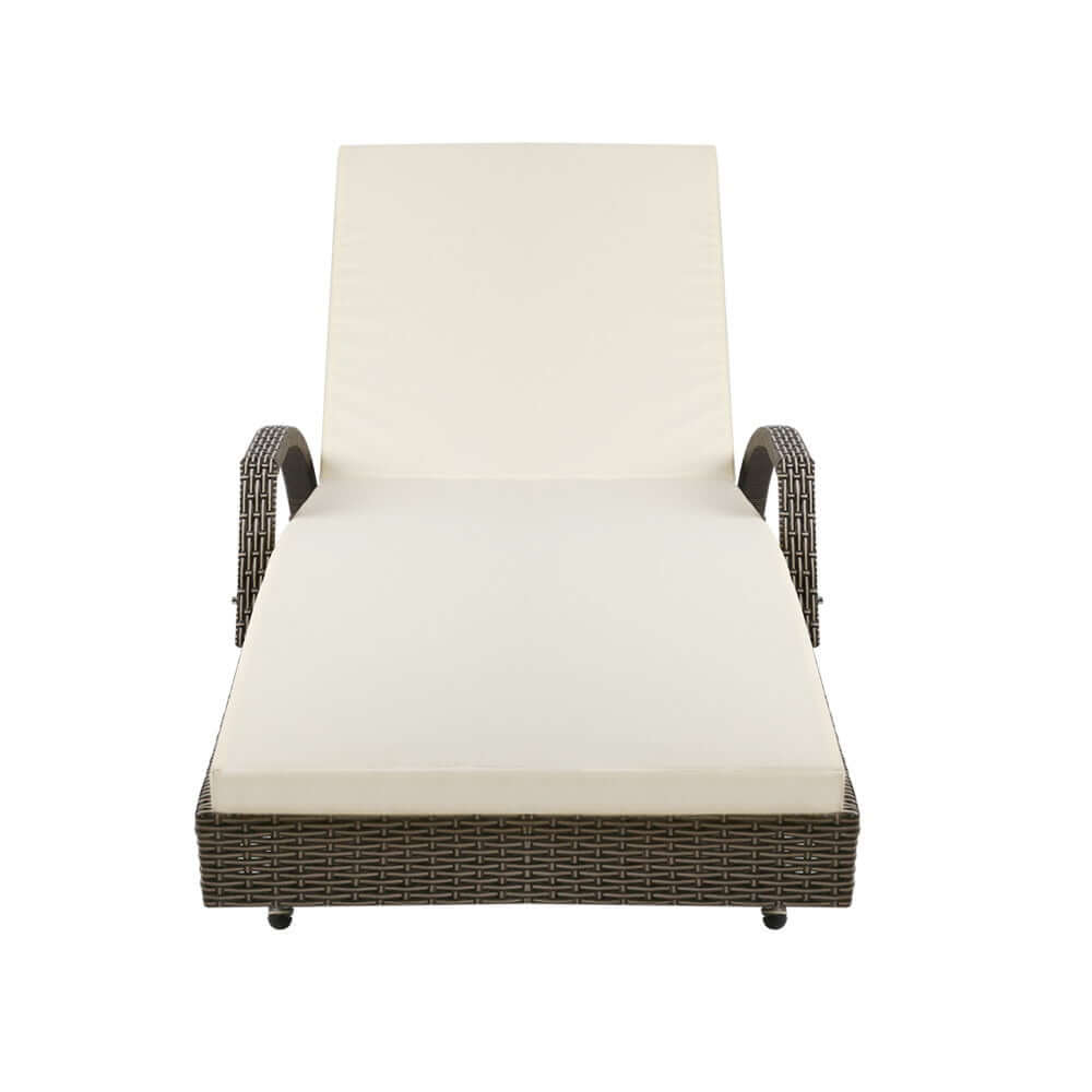 Gardeon sun lounge wicker lounger outdoor furniture with adjustable beige cushion, perfect for relaxation and sunbathing.