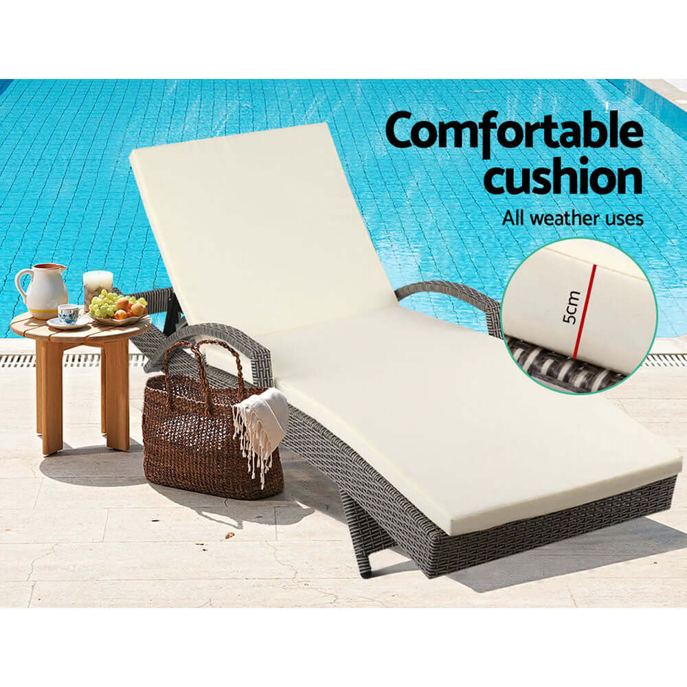 Gardeon sun lounge with comfortable cushion by pool, ideal for DIY outdoor spaces, affordable quality relaxation furniture.