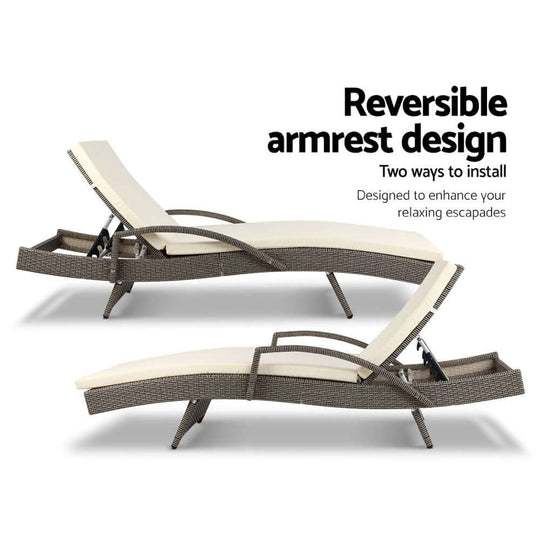 Gardeon sun lounge showcasing reversible armrest design, illustrating two installation options for enhanced relaxation.