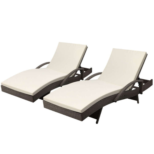 Gardeon 2PC outdoor wicker sun loungers with adjustable cushions in grey and beige, perfect for summer relaxation.