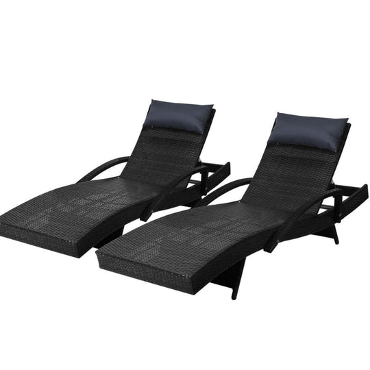 Gardeon 2x adjustable wicker sun loungers in black, ideal for outdoor relaxation and sunbathing. Affordable quality beach chairs.