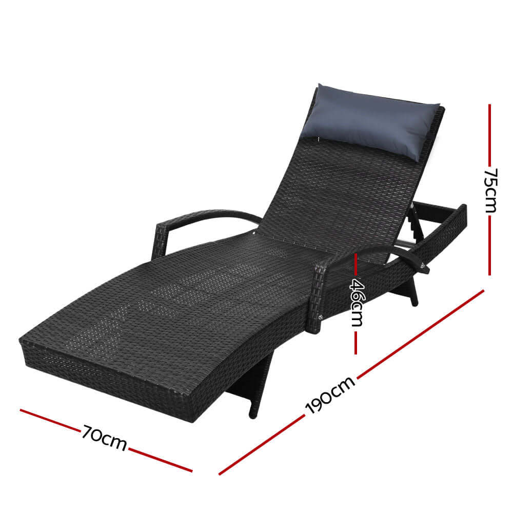 Adjustable Gardeon 2x sun lounge in black wicker with dimensions, perfect for affordable outdoor relaxation.