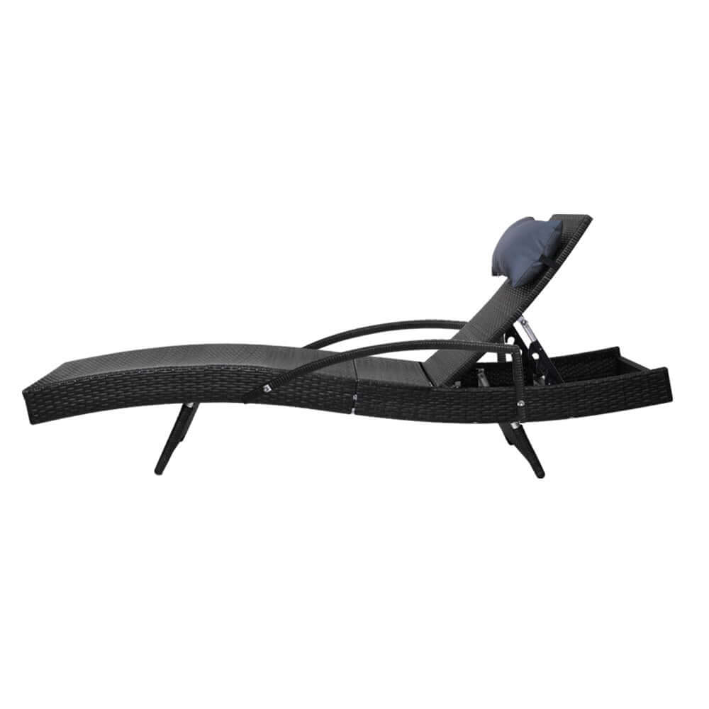 Gardeon adjustable wicker sun lounger in black, perfect for affordable outdoor relaxation and sunlight enjoyment.