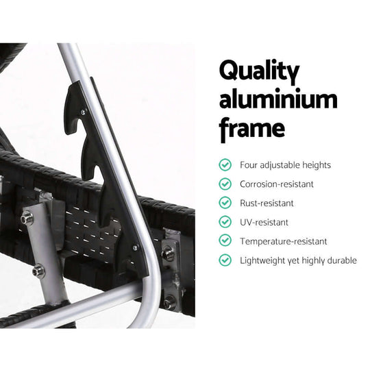 Quality aluminium frame features, including adjustable heights and resistant materials for durability and comfort.